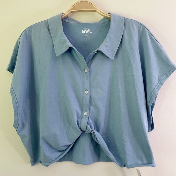 NWT Madewell MWL Polo Twist Tee: Botanical Dye Edition Size XL Light Blue Crop - Picture 3 of 9